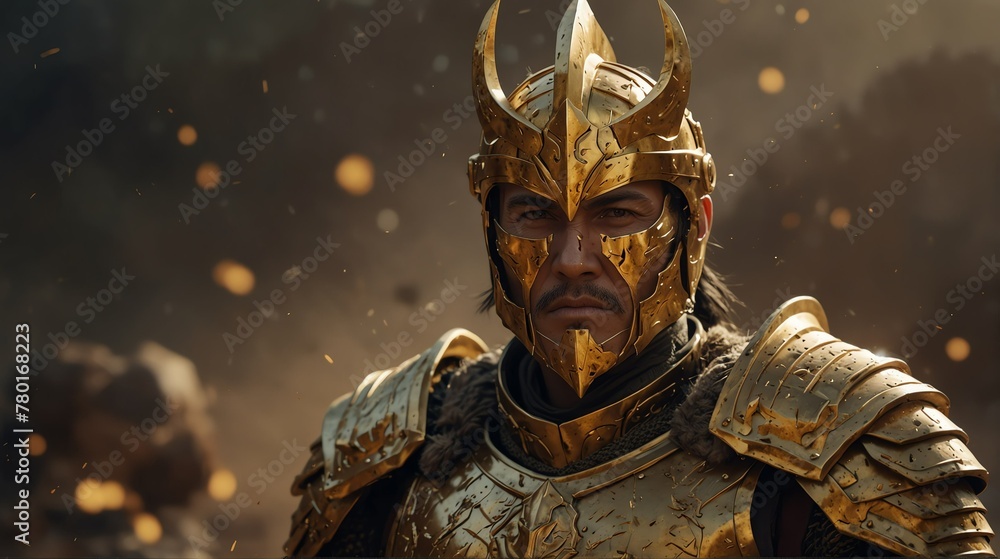 a gold theme warrior general with armor portrait on middle of a battle ground fight from Generative AI a gold theme warrior general with armor portrait on middle of a battle ground fight from Generative AI