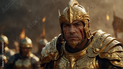 a gold theme warrior general with armor portrait on middle of a battle ground fight from Generative AI