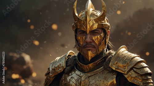 a gold theme warrior general with armor portrait on middle of a battle ground fight from Generative AI