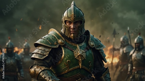 a green theme warrior general with armor portrait on middle of a battle ground fight from Generative AI