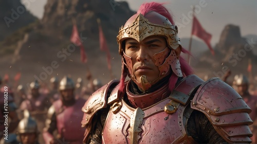 a pink theme warrior general with armor portrait on middle of a battle ground fight from Generative AI