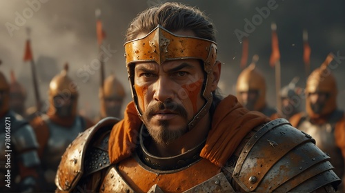 a orange theme warrior general with armor portrait on middle of a battle ground fight from Generative AI