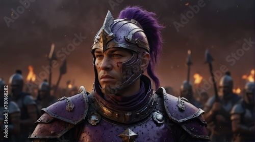 a purple theme warrior general with armor portrait on middle of a battle ground fight from Generative AI