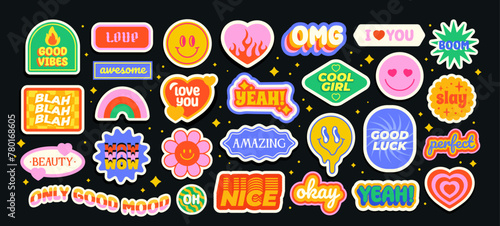 Set of vintage pop art stickers. Groovy retro badges with emoji, flower, hearts, rainbow and cool phrases. Trendy patches for printing. Cartoon flat vector collection isolated on black background