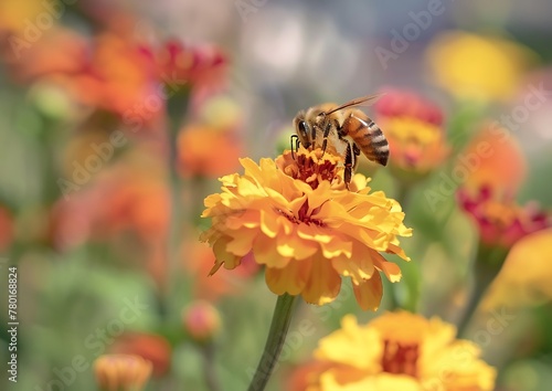 A bee sitting on top of an orange and yellow hada flower with other flowers in the background © Noor