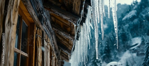 Winter Wonder: A Stunning Cluster of Glistening Icicles Delicately Hanging from the Eaves of a Roof on a Frosty Morning