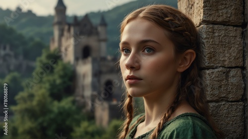 a young elf girl portrait on medieval era castle background from Generative AI