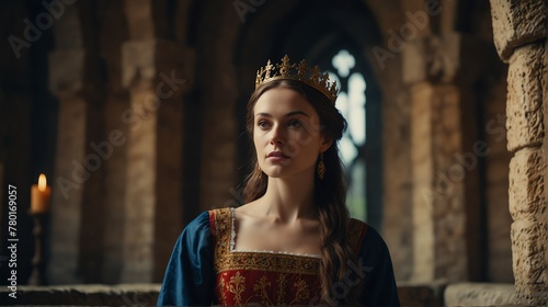 woman queen portrait on medieval era castle background from Generative AI © Arceli