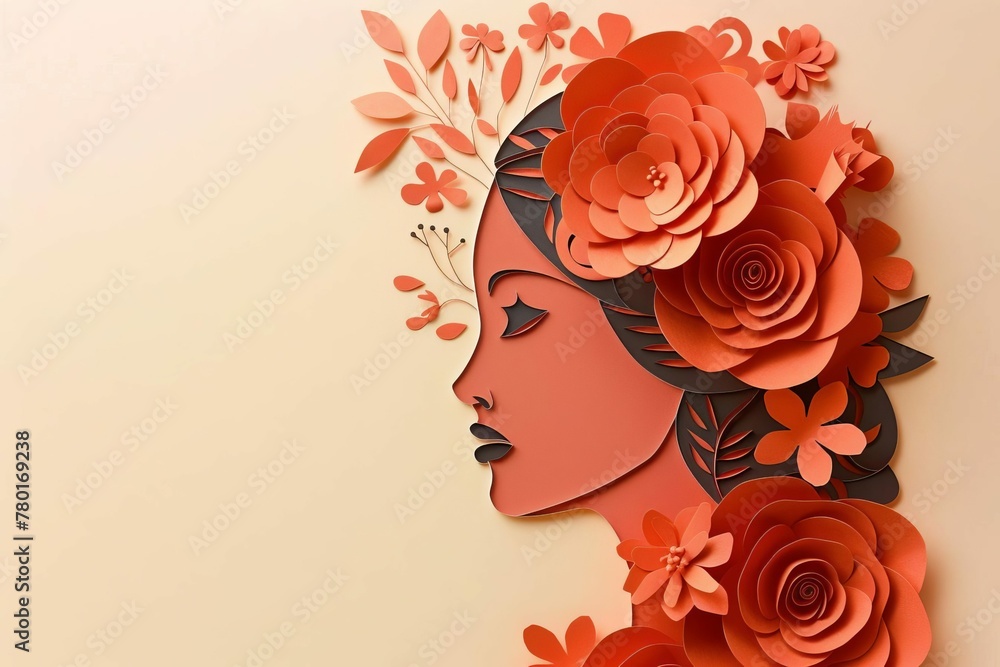 Paper cut illustration of woman's face with flowers for International Women's Day