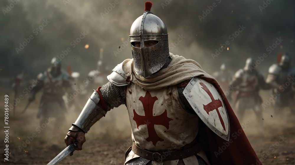 Naklejka premium a knight templar warrior portrait on middle of a battle ground fight from Generative AI