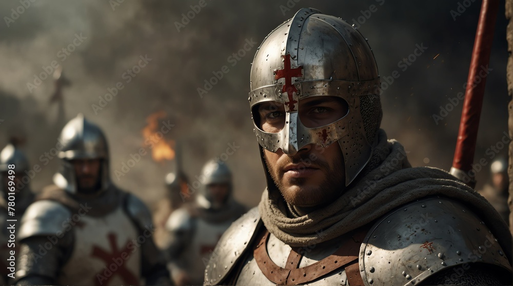 Naklejka premium a knight templar warrior portrait on middle of a battle ground fight from Generative AI