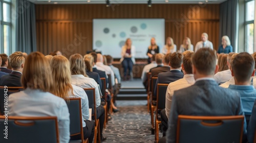 businessmen and businesswomen in conference room, listening to the speakers which is on stage attentively 