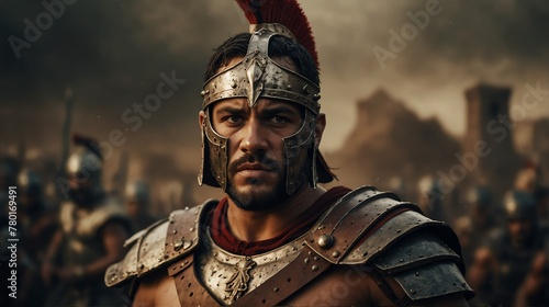 a gladiator warrior portrait on middle of a battle ground fight from Generative AI