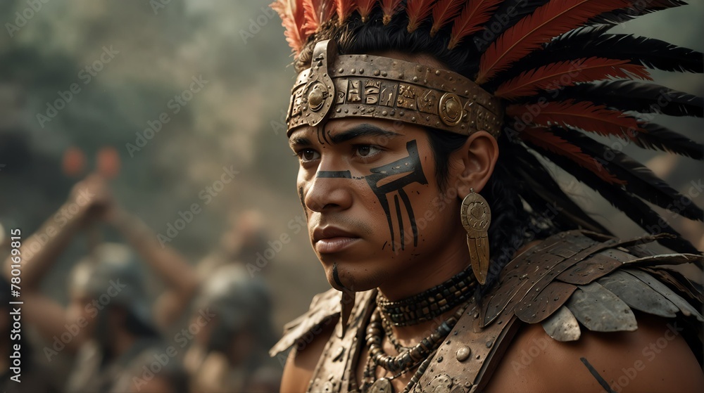 an aztec warrior portrait on middle of a battle ground fight from Generative AI