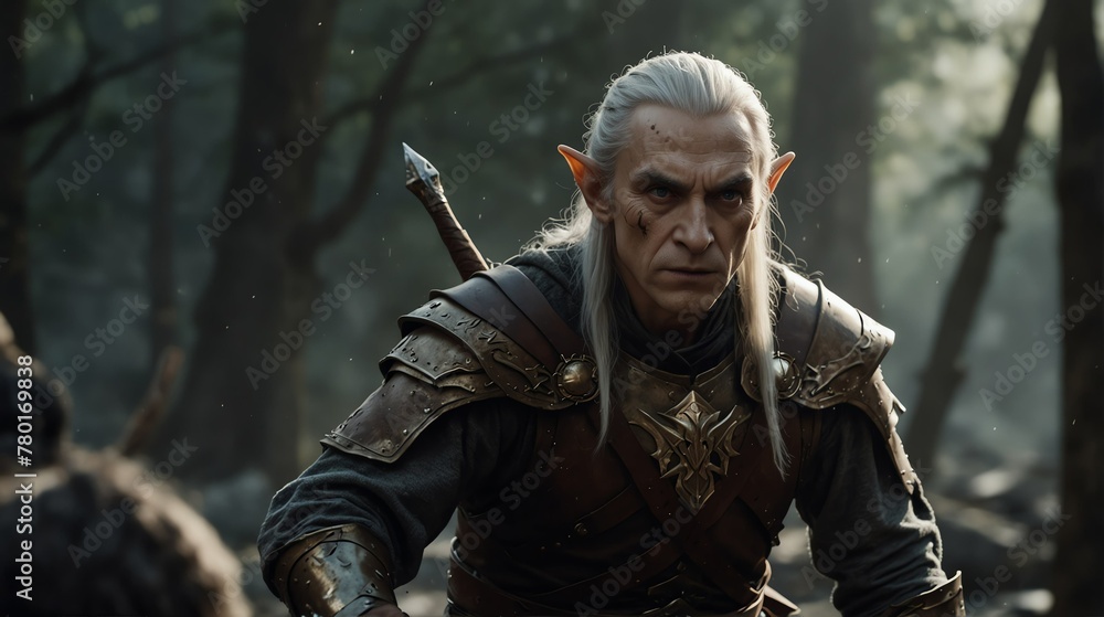 an elder elf man warrior portrait on middle of a battle ground fight from Generative AI