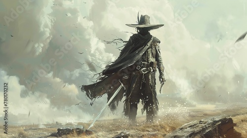 A bohoinspired gunslinger wielding a medieval great sword, set against the backdrop of an eerie, fogladen landscape, in an extremely simple illustration,  photo