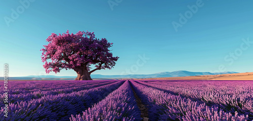 A sprawling field of lavender under a clear blue sky, the purple hues stretching to the horizon, interrupted only by a solitary, ancient oak tree. 32k, full ultra hd, high resolution