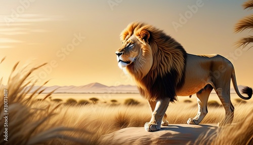 Royal Reverie: Majestic Lion in White and Gold Savannah Scene