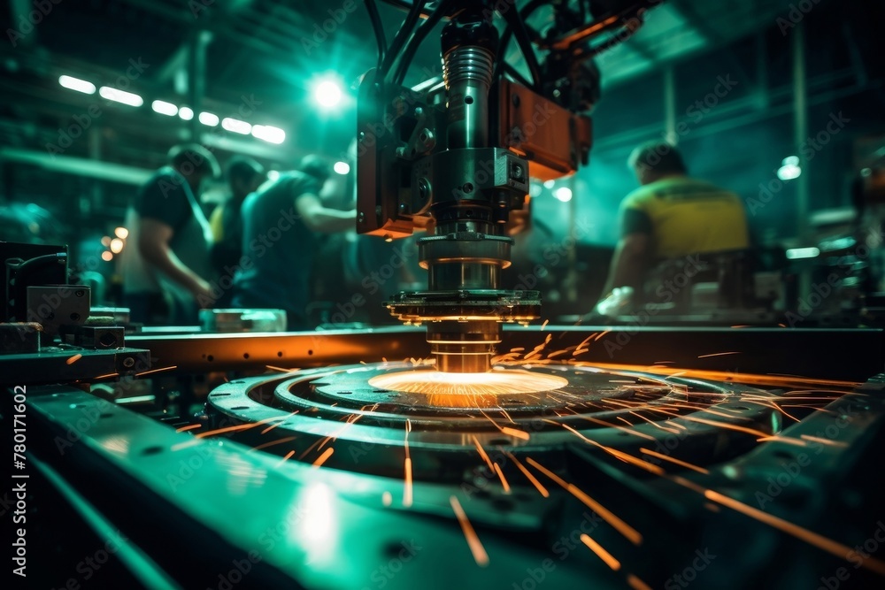 A laser cutting manufacturing machine cuts metal into patterns in operation with sparking light. Generative AI.