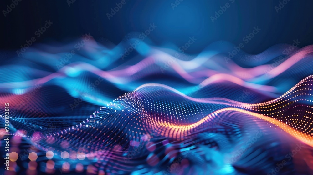 Abstract blue background with interweaving of colored dots and lines, Wave of dots and weave lines. Abstract blue background with interweaving of colored dots and lines, Wave of dots and weave lines.