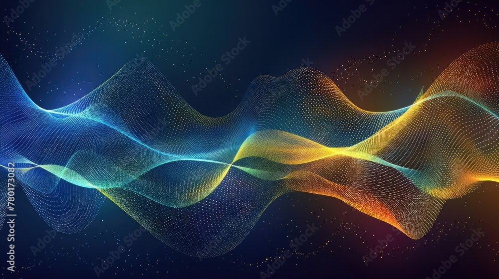 Fototapeta premium Abstract glowing waveform lines on a dark blue, yellow, orange, green, and blue background