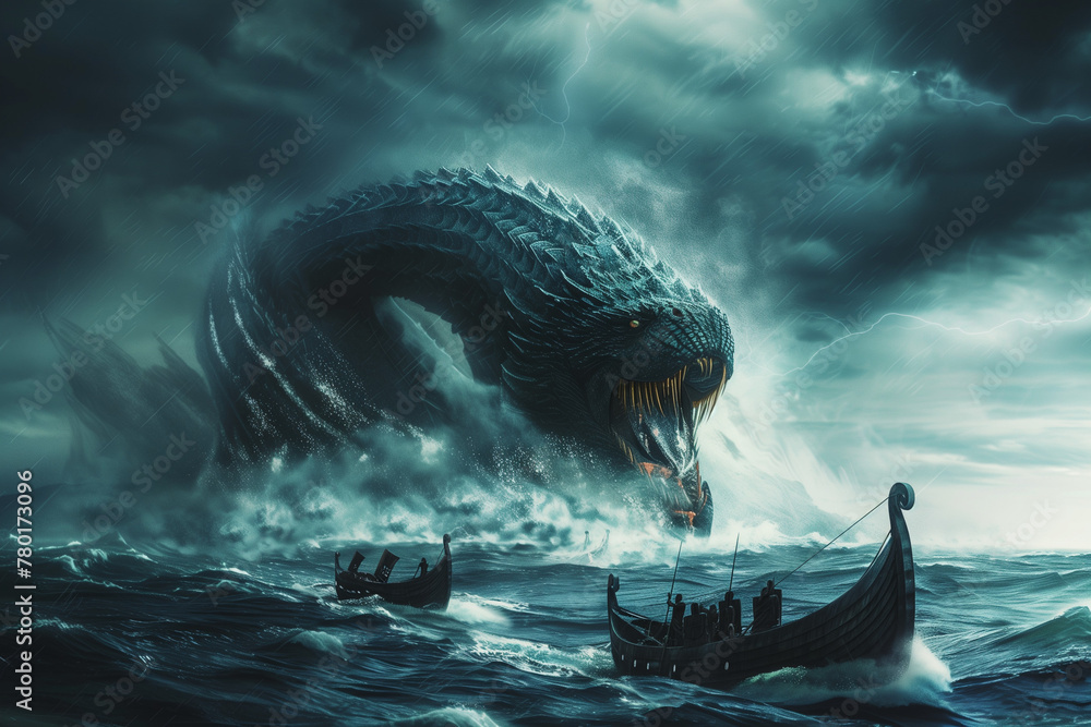 Jörmundgander, Viking World Serpent, son of Loki attacking the seas with giant jaws that terrorize Norse mythology - obrazy, fototapety, plakaty 