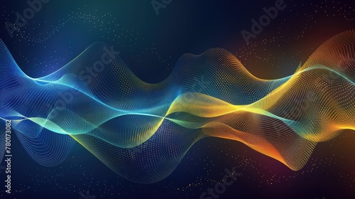 Abstract glowing waveform lines on a dark blue, yellow, orange, green, and blue background © panu101
