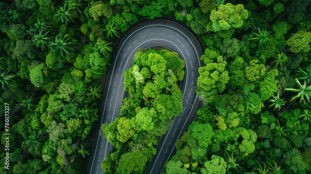 Aerial top view beautiful curve road on green forest in the rain season.