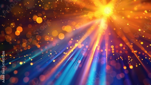 Asymmetric blue light burst, abstract beautiful rays of lights on dark orange background with the color of violet and yellow, golden green sparkling backdrop with copy space.