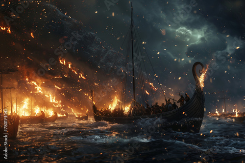 Ragnarok of Norse mythology, naval warfare of a burning drakkar during the end of the world of Norse mythology photo