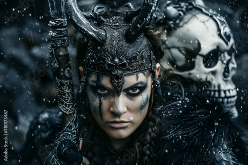 Hela, goddess of death, Viking woman with skulls of the Nordic mythology