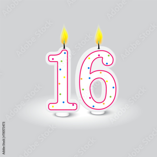 Sweet sixteen birthday candle. Celebration number decoration. Vibrant festive design. Vector illustration. EPS 10.