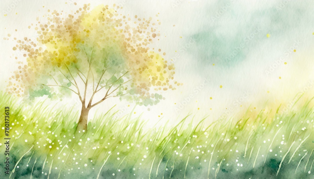 草原に一本の木、水彩風イラスト背景