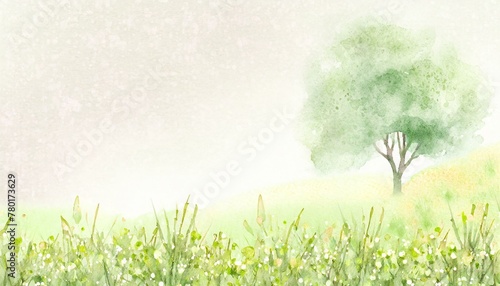 草原に一本の木、水彩風イラスト背景