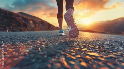 Cropped shot of legs and shoes of runner running along empty old paved road in mountainous area at sunset.