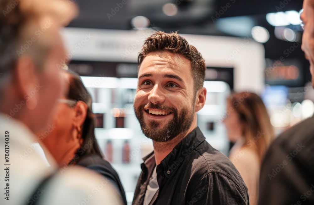 lively trade show scene, Professionals chat and laugh, with one man in his thirties smiling, surrounded by colleagues with lanyards, against a backdrop of display lights. lively trade show scene, Professionals chat and laugh, with one man in his thirties smiling, surrounded by colleagues with lanyards, against a backdrop of display lights.