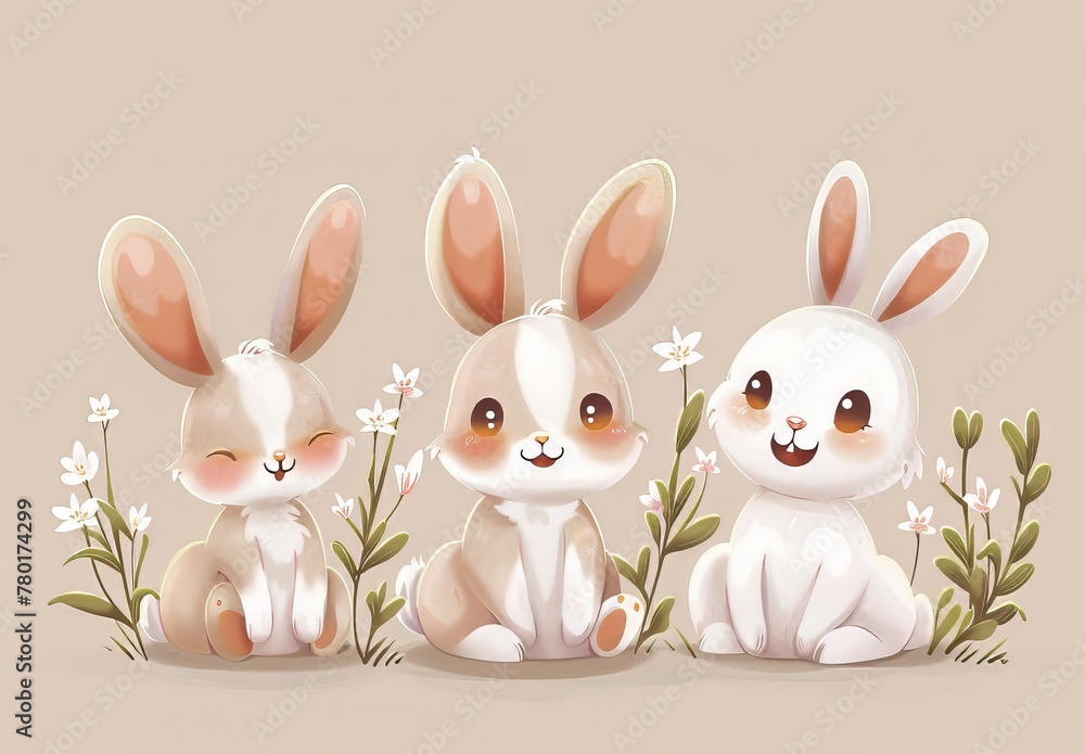 Obraz premium Cute bunnies: adorable bunny art featuring chubby cheeks, expressive eyes. Easter-themed content