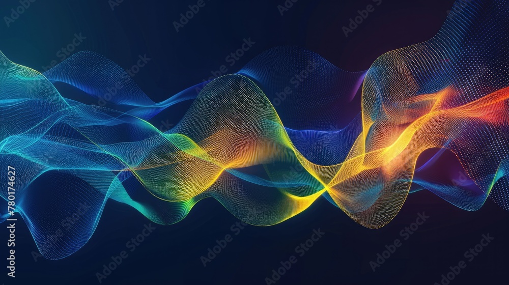 Fototapeta premium Medium sized lines, abstract glowing waveforms on a dark blue, yellow, orange, green, and blue background.