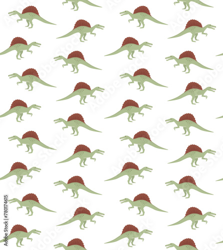 Vector seamless pattern of flat hand drawn spinosaurus dinosaur isolated on white background