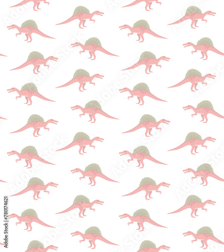Vector seamless pattern of flat hand drawn pink spinosaurus dinosaur isolated on white background