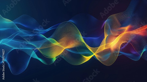 Medium sized lines, abstract glowing waveforms on a dark blue, yellow, orange, green, and blue background.