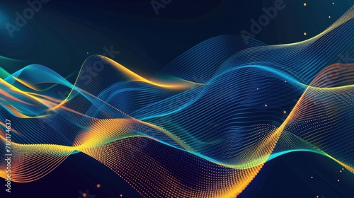 Medium sized lines, abstract glowing waveforms on a dark blue, yellow, orange, green, and blue background.