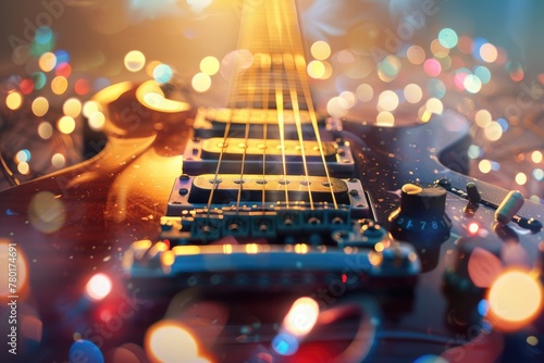 Music holiday composition with close up electronic guitar on blurred concert background with bokeh effect.