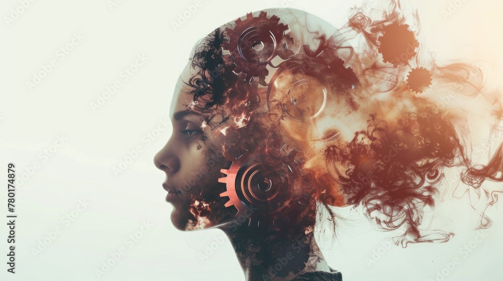 Side view of beautiful young woman with double exposure of gear brain. Concept of artificial intelligence and brainstorming.