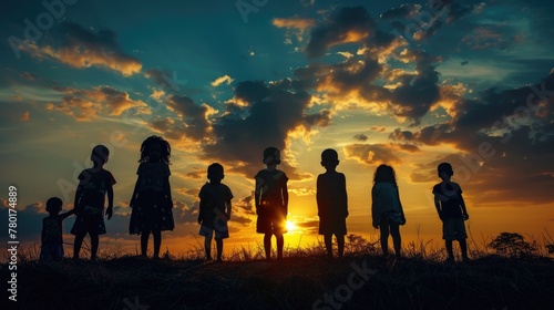 Silhouette back refugee kid group.Responsible.Kid child boy and girl worship.