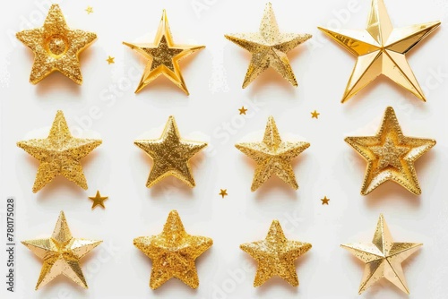 Conjunto de 12 estrellas doradas brillantes aisladas sobre fondo blanco, elementos decorativos photo