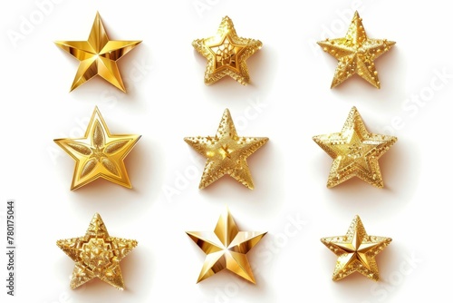 Conjunto de 12 estrellas doradas brillantes aisladas sobre fondo blanco  elementos decorativos