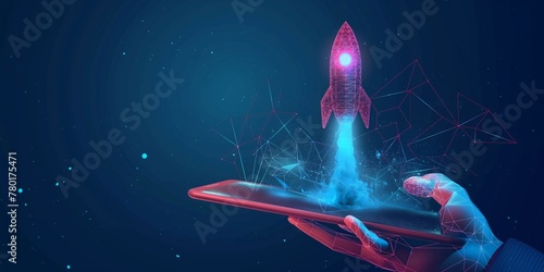 digital close-up of a human hand holding tablet with abstract rocket. First-person view of a spaceship which takes off on dark blue background. Low poly wireframe vector illustration with 3D effect