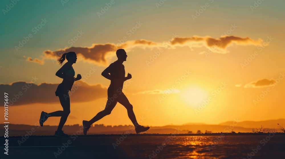 The silhouettes of male and female runners run together along the road against the background of a wide basin.
