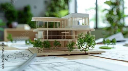 Sustainable eco house blueprint was placed on meeting table with architectural paper work scatter around during skilled architect discussion about green design of green city.